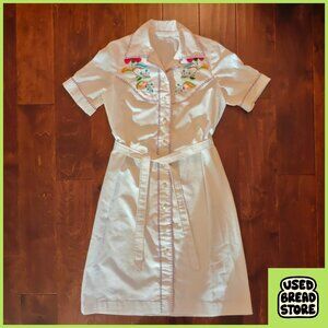 Vintage 1940s/50s L/XL Shirtwaist Floral Embroidered Dress Flecked Linen Western